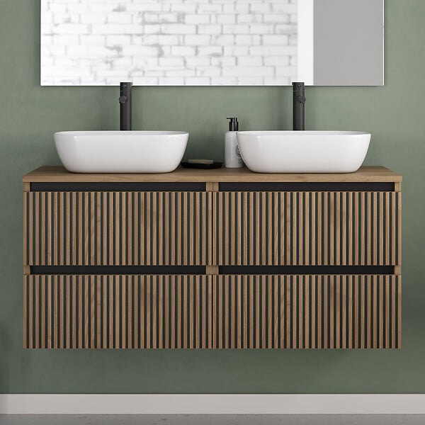 COSYNEO - Meuble de salle de bain 120cm avec plateau et 2 vasques à poser arrondies - 4 tiroirs - noyer (bois foncé) - VENERIA - large