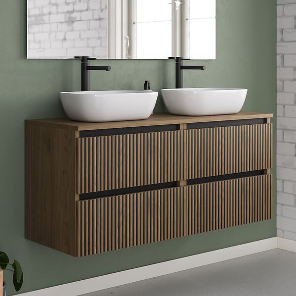 COSYNEO - Meuble de salle de bain 120cm avec plateau et 2 vasques à poser arrondies - 4 tiroirs - noyer (bois foncé) - VENERIA - large
