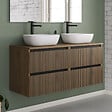 COSYNEO - Meuble de salle de bain 120cm avec plateau et 2 vasques à poser arrondies - 4 tiroirs - noyer (bois foncé) - VENERIA - vignette