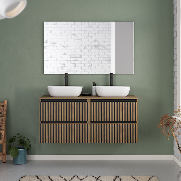 COSYNEO - Meuble de salle de bain 120cm avec plateau et 2 vasques à poser arrondies - 4 tiroirs - noyer (bois foncé) - VENERIA - large
