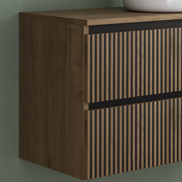 COSYNEO - Meuble de salle de bain 90cm avec plateau et vasque à poser ronde - 2 tiroirs - sans miroir - noyer (bois foncé) - VENERIA - large