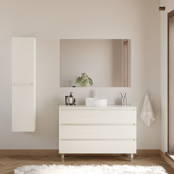COSYNEO - Meuble de salle de bain 120cm avec plateau et vasque à poser ronde - 3 tiroirs - sans miroir - blanc brillant - MAYOR - large