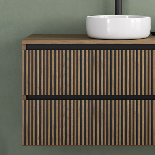 COSYNEO - Meuble de salle de bain 100cm avec plateau et vasque à poser ronde - 2 tiroirs - sans miroir - noyer (bois foncé) - VENERIA - large