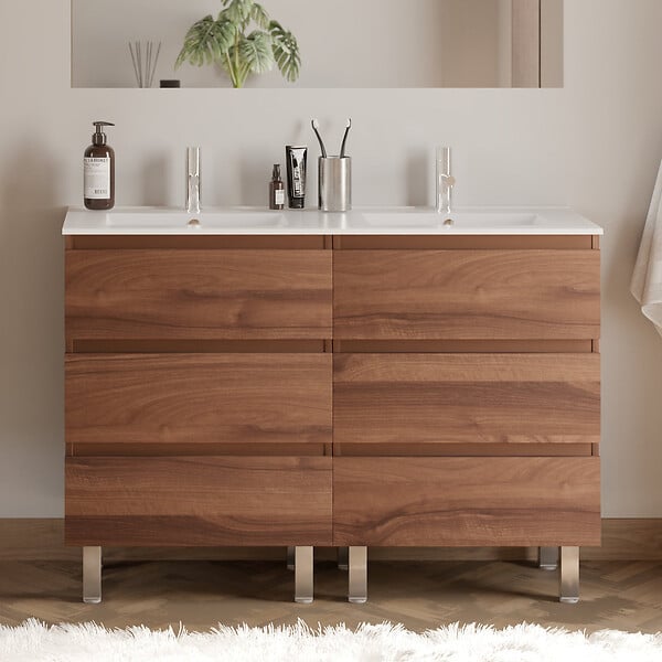 COSYNEO - Meuble de salle de bain 120cm double vasque - 6 tiroirs - noyer (bois foncé) - MAYOR - large