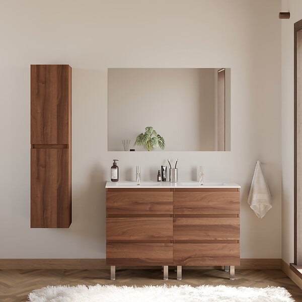 COSYNEO - Meuble de salle de bain 120cm double vasque - 6 tiroirs - noyer (bois foncé) - MAYOR - large