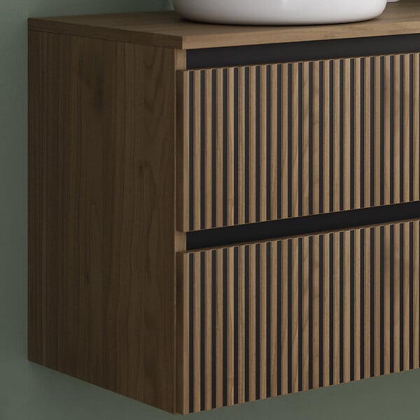 COSYNEO - Meuble de salle de bain 120cm avec plateau et 2 vasques à poser rondes - 4 tiroirs - sans miroir - noyer (bois foncé) - VENERIA - large