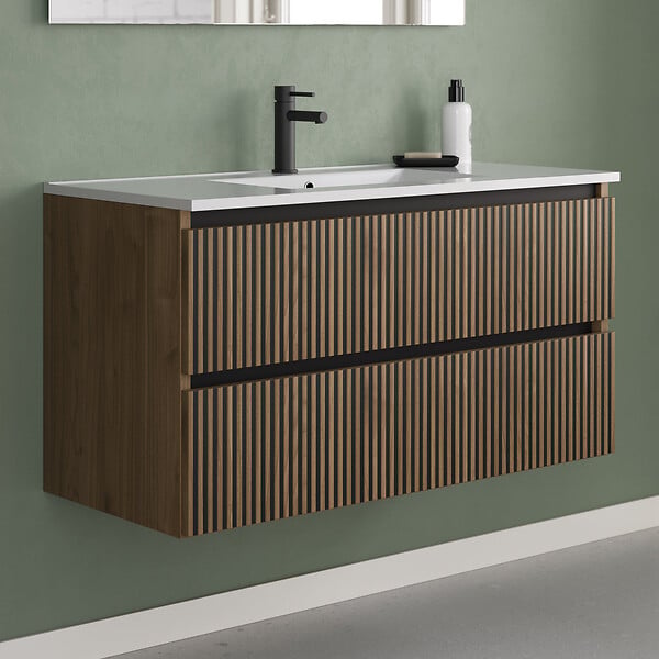COSYNEO - Meuble de salle de bain 100cm simple vasque - 2 tiroirs - sans miroir - noyer (bois foncé) - VENERIA - large