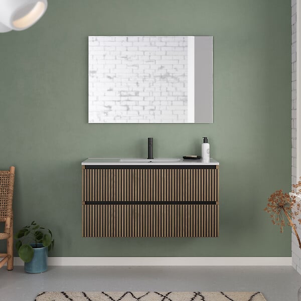 COSYNEO - Meuble de salle de bain 100cm simple vasque - 2 tiroirs - sans miroir - noyer (bois foncé) - VENERIA - large