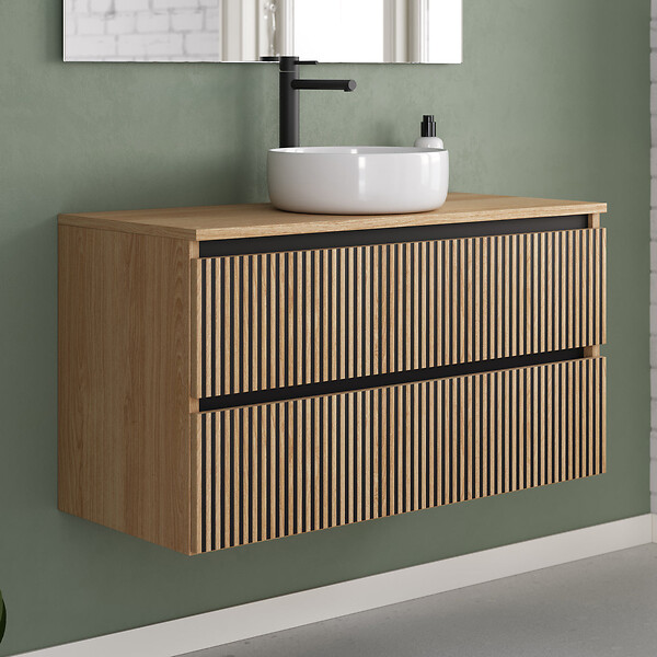COSYNEO - Meuble de salle de bain 90cm avec plateau et vasque à poser ronde - 2 tiroirs - sans miroir - roble era (chêne clair) - VENERIA - large