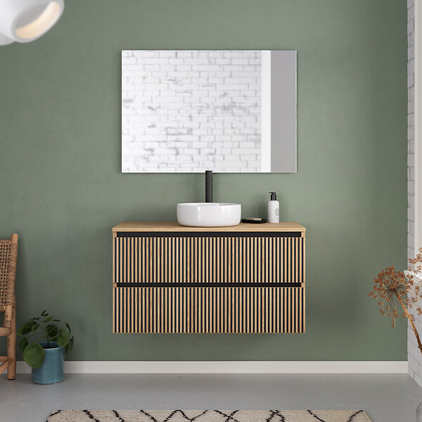 COSYNEO - Meuble de salle de bain 90cm avec plateau et vasque à poser ronde - 2 tiroirs - sans miroir - roble era (chêne clair) - VENERIA - large