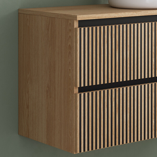 COSYNEO - Meuble de salle de bain 90cm avec plateau et vasque à poser ronde - 2 tiroirs - sans miroir - roble era (chêne clair) - VENERIA - large