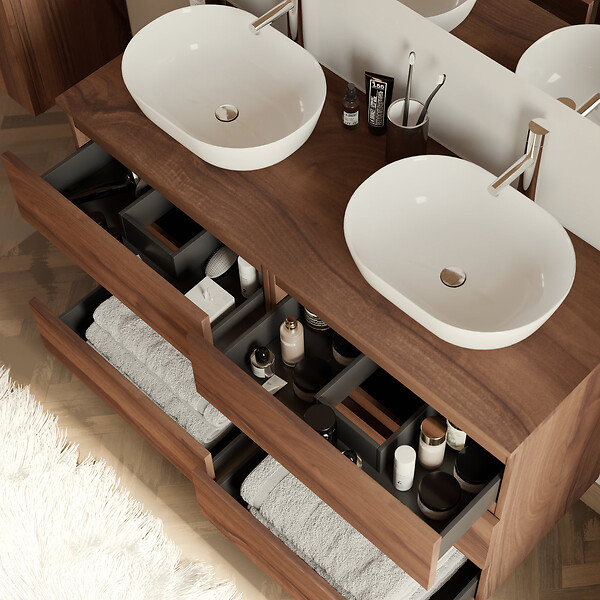COSYNEO - Meuble de salle de bain 140cm avec plateau et 2 vasques à poser arrondies - 6 tiroirs - noyer (bois foncé) - MAYOR - large