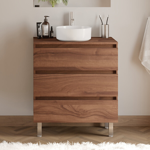 COSYNEO - Meuble de salle de bain 60cm avec plateau et vasque à poser ronde - 3 tiroirs - noyer (bois foncé) - MAYOR - large