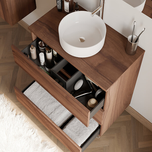 COSYNEO - Meuble de salle de bain 60cm avec plateau et vasque à poser ronde - 3 tiroirs - noyer (bois foncé) - MAYOR - large