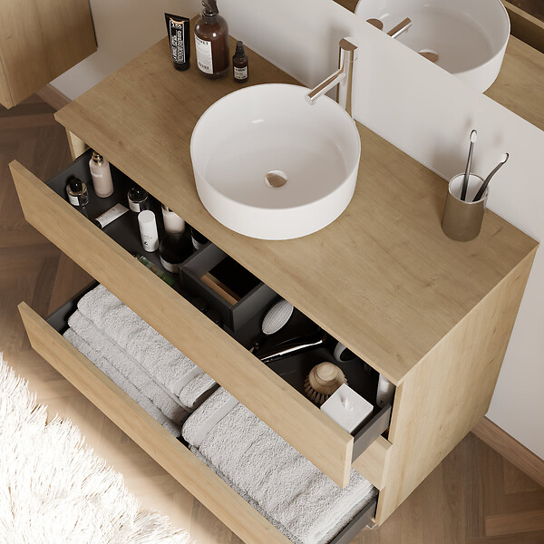 COSYNEO - Meuble de salle de bain 90cm avec plateau et vasque à poser ronde - 3 tiroirs - sans miroir - nebraska (chêne clair) - MAYOR - large