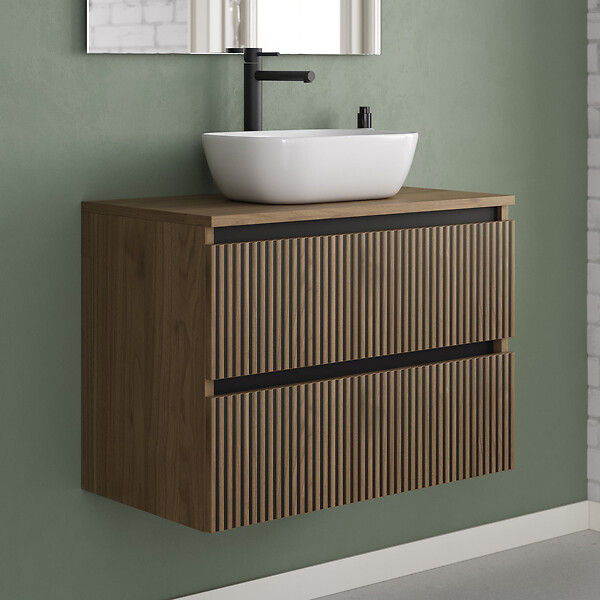COSYNEO - Meuble de salle de bain 70cm avec plateau et vasque à poser arrondie - 2 tiroirs - sans miroir - noyer (bois foncé) - VENERIA - large