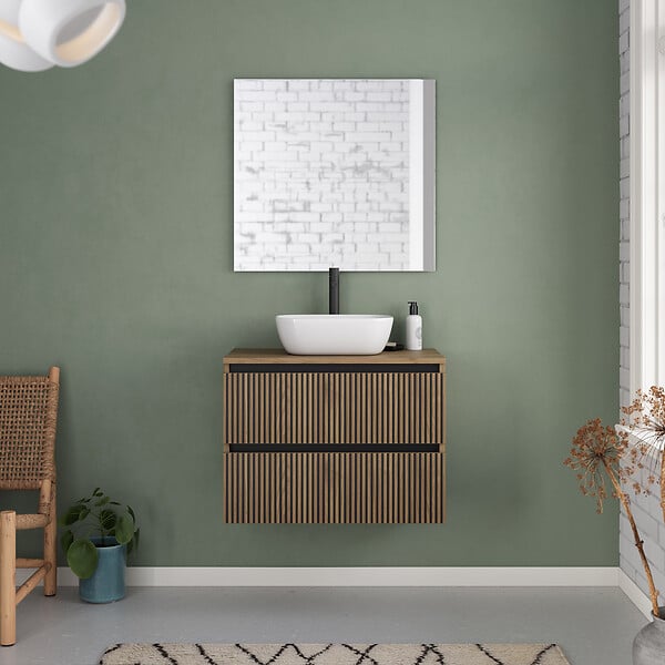COSYNEO - Meuble de salle de bain 70cm avec plateau et vasque à poser arrondie - 2 tiroirs - sans miroir - noyer (bois foncé) - VENERIA - large