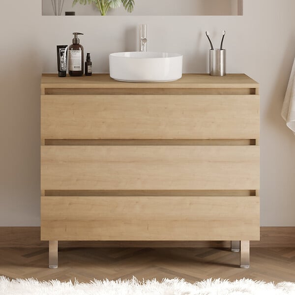 COSYNEO - Meuble de salle de bain 100cm avec plateau et vasque à poser ronde - 3 tiroirs - nebraska (chêne clair) - MAYOR - large