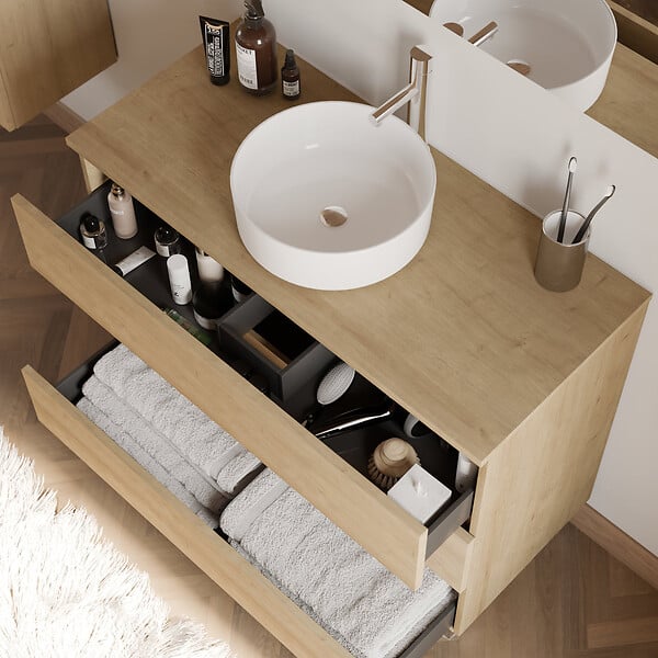 COSYNEO - Meuble de salle de bain 100cm avec plateau et vasque à poser ronde - 3 tiroirs - nebraska (chêne clair) - MAYOR - large