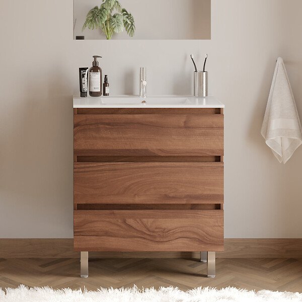 COSYNEO - Meuble de salle de bain 60cm simple vasque - 3 tiroirs - noyer (bois foncé) - MAYOR - large