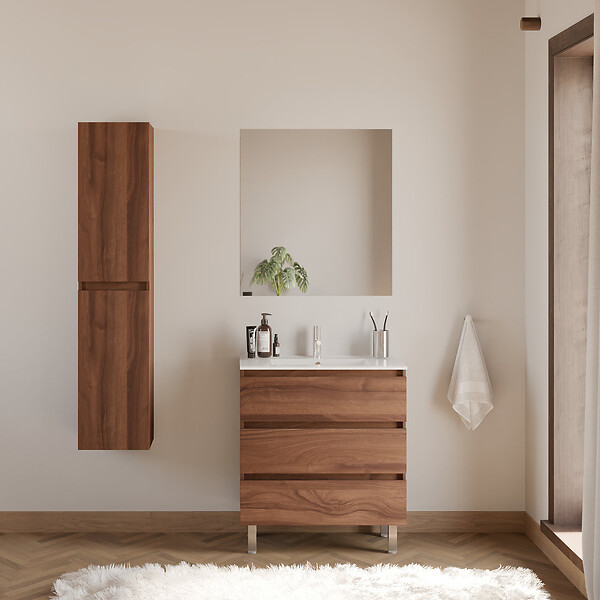COSYNEO - Meuble de salle de bain 60cm simple vasque - 3 tiroirs - noyer (bois foncé) - MAYOR - large
