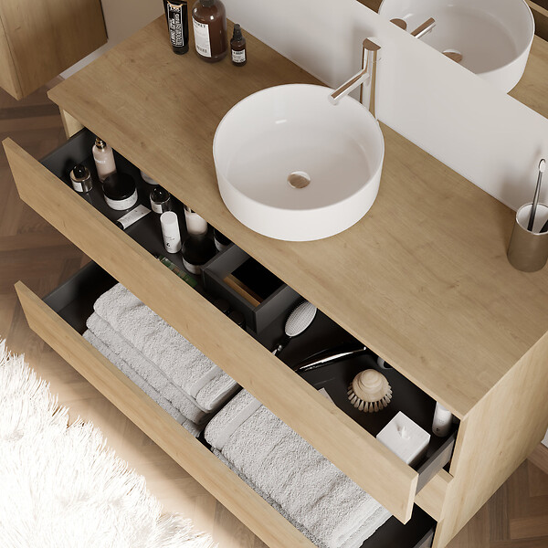 COSYNEO - Meuble de salle de bain 120cm avec plateau et vasque à poser ronde - 3 tiroirs - sans miroir - nebraska (chêne clair) - MAYOR - large