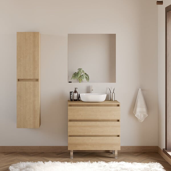 COSYNEO - Meuble de salle de bain 80cm avec plateau et vasque à poser arrondie - 3 tiroirs - sans miroir - nebraska (chêne clair) - MAYOR - large