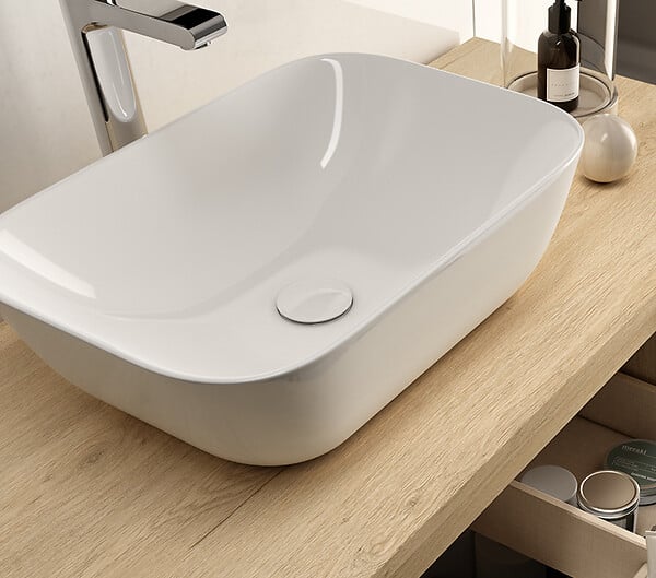 COSYNEO - Meuble de salle de bain 80cm avec plateau et vasque à poser arrondie - 3 tiroirs - sans miroir - nebraska (chêne clair) - MAYOR - large