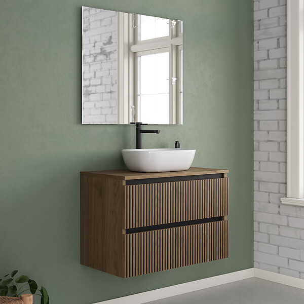 COSYNEO - Meuble de salle de bain 80cm avec plateau et vasque à poser arrondie - 2 tiroirs - noyer (bois foncé) - VENERIA - large
