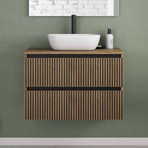 COSYNEO - Meuble de salle de bain 80cm avec plateau et vasque à poser arrondie - 2 tiroirs - noyer (bois foncé) - VENERIA - large