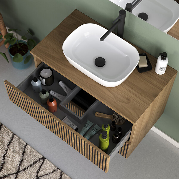 COSYNEO - Meuble de salle de bain 80cm avec plateau et vasque à poser arrondie - 2 tiroirs - noyer (bois foncé) - VENERIA - large