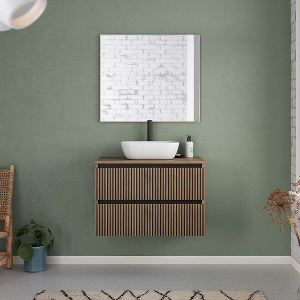 COSYNEO - Meuble de salle de bain 80cm avec plateau et vasque à poser arrondie - 2 tiroirs - noyer (bois foncé) - VENERIA - large