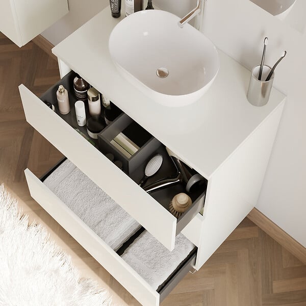 COSYNEO - Meuble de salle de bain 60cm avec plateau et vasque à poser arrondie - 3 tiroirs - blanc brillant - MAYOR - large