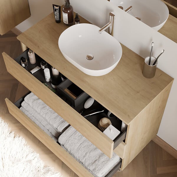 COSYNEO - Meuble de salle de bain 100cm avec plateau et vasque à poser arrondie - 3 tiroirs - sans miroir - nebraska (chêne clair) - MAYOR - large