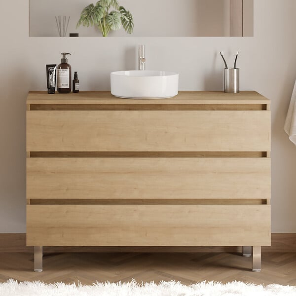 COSYNEO - Meuble de salle de bain 120cm avec plateau et vasque à poser ronde - 3 tiroirs - nebraska (chêne clair) - MAYOR - large