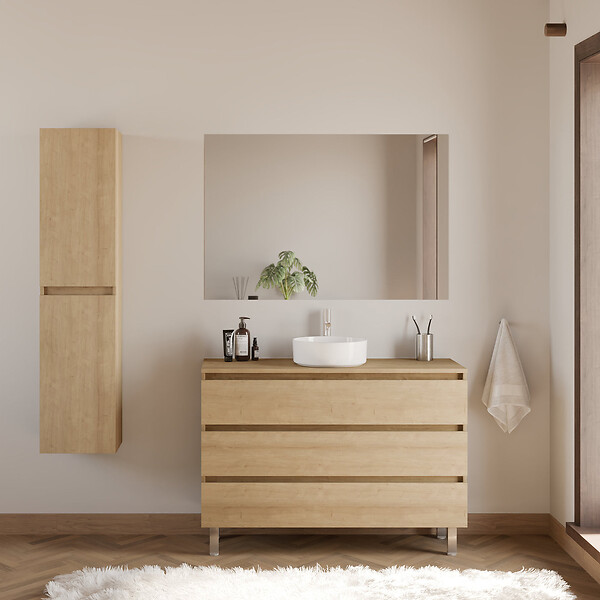 COSYNEO - Meuble de salle de bain 120cm avec plateau et vasque à poser ronde - 3 tiroirs - nebraska (chêne clair) - MAYOR - large