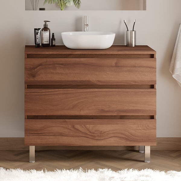 COSYNEO - Meuble de salle de bain 100cm avec plateau et vasque à poser arrondie - 3 tiroirs - noyer (bois foncé) - MAYOR - large