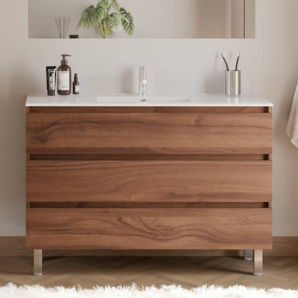 COSYNEO - Meuble de salle de bain 120cm simple vasque - 3 tiroirs - noyer (bois foncé) - MAYOR - large