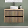 COSYNEO - Meuble de salle de bain 80cm avec plateau et vasque à poser ronde - 2 tiroirs - sans miroir - roble era (chêne clair) - VENERIA - vignette