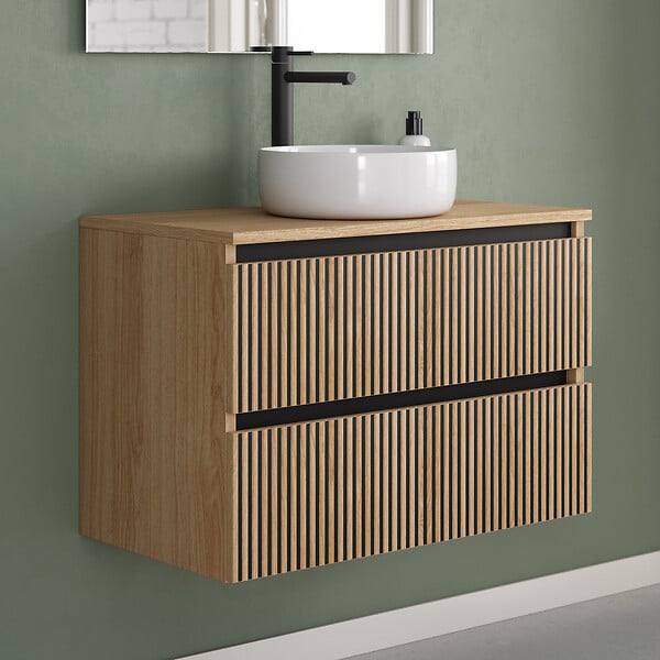 COSYNEO - Meuble de salle de bain 80cm avec plateau et vasque à poser ronde - 2 tiroirs - sans miroir - roble era (chêne clair) - VENERIA - large