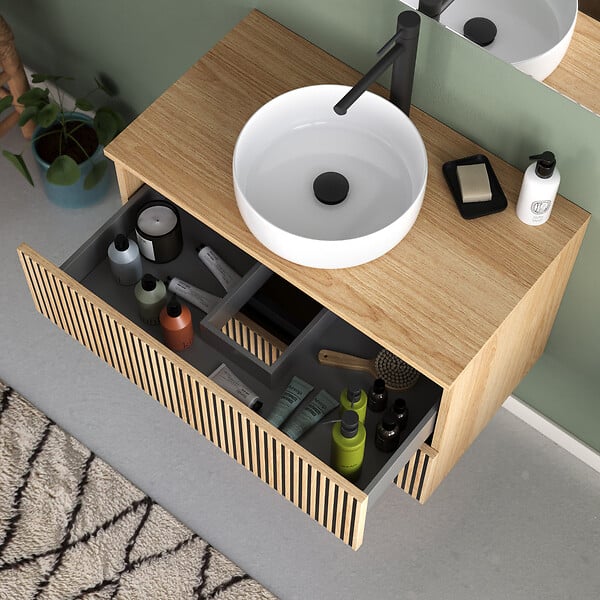 COSYNEO - Meuble de salle de bain 80cm avec plateau et vasque à poser ronde - 2 tiroirs - sans miroir - roble era (chêne clair) - VENERIA - large