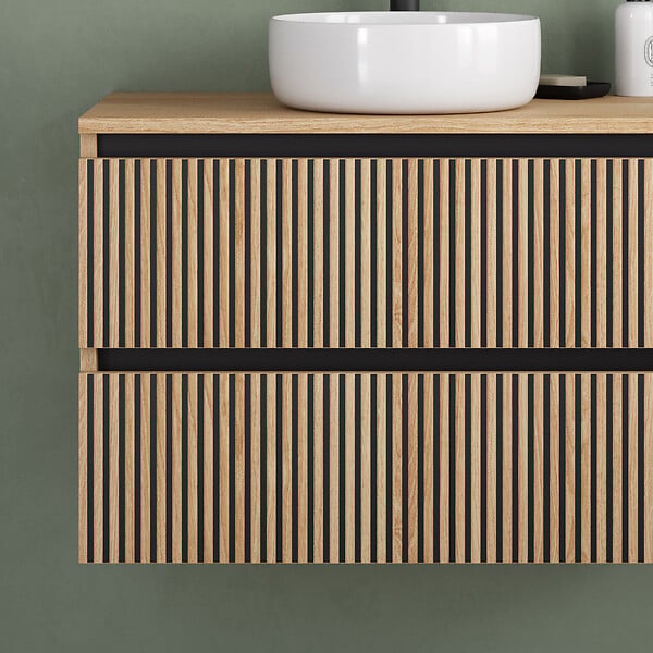 COSYNEO - Meuble de salle de bain 80cm avec plateau et vasque à poser ronde - 2 tiroirs - sans miroir - roble era (chêne clair) - VENERIA - large