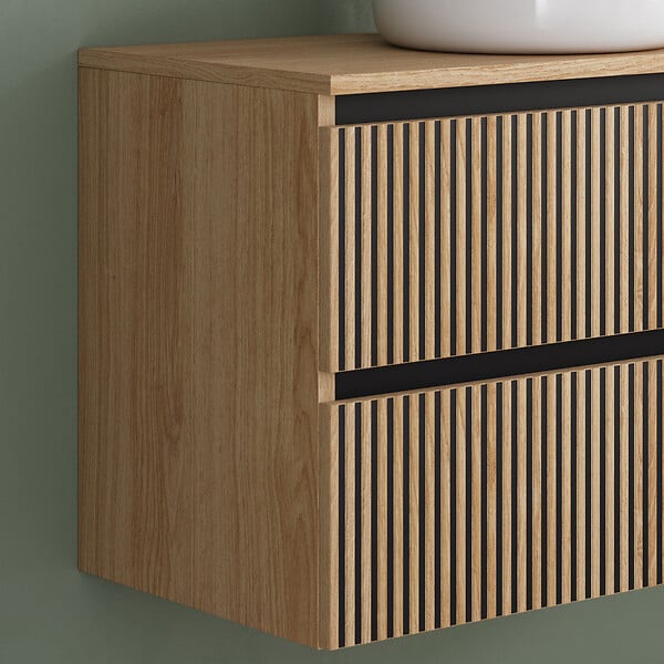 COSYNEO - Meuble de salle de bain 80cm avec plateau et vasque à poser ronde - 2 tiroirs - sans miroir - roble era (chêne clair) - VENERIA - large