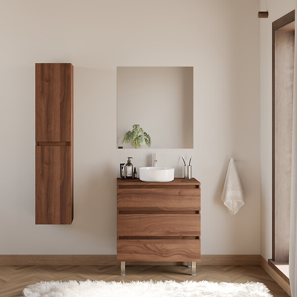 COSYNEO - Meuble de salle de bain 60cm avec plateau et vasque à poser ronde - 3 tiroirs - sans miroir - noyer (bois foncé) - MAYOR - large