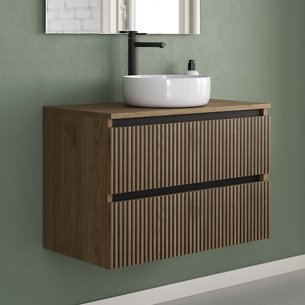 COSYNEO - Meuble de salle de bain 80cm avec plateau et vasque à poser ronde - 2 tiroirs - sans miroir - noyer (bois foncé) - VENERIA - large