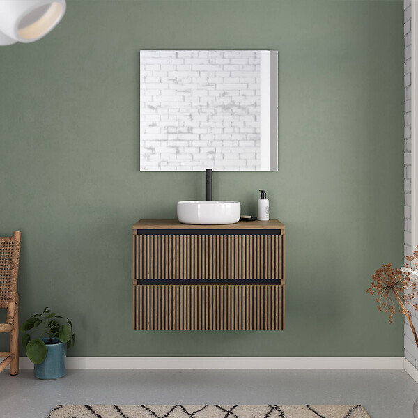 COSYNEO - Meuble de salle de bain 80cm avec plateau et vasque à poser ronde - 2 tiroirs - sans miroir - noyer (bois foncé) - VENERIA - large