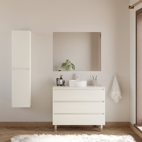 COSYNEO - Meuble de salle de bain 100cm avec plateau et vasque à poser ronde - 3 tiroirs - blanc brillant - MAYOR - large