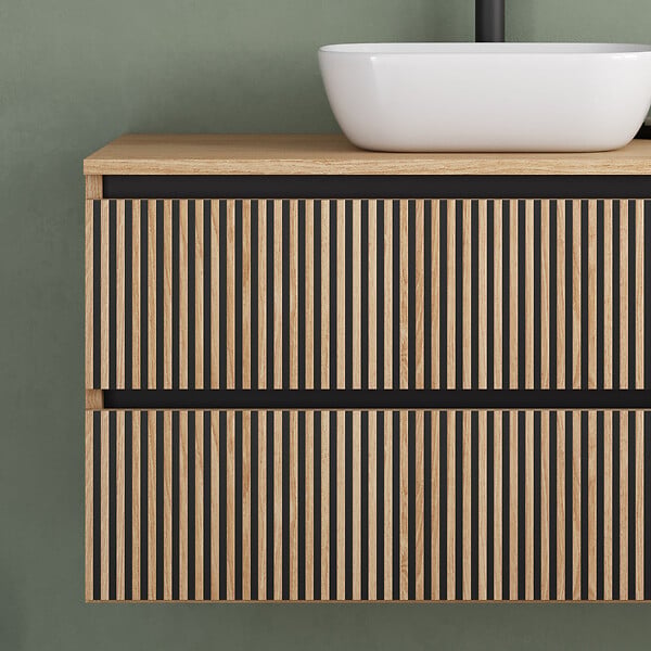 COSYNEO - Meuble de salle de bain 90cm avec plateau et vasque à poser arrondie - 2 tiroirs - sans miroir - roble era (chêne clair) - VENERIA - large