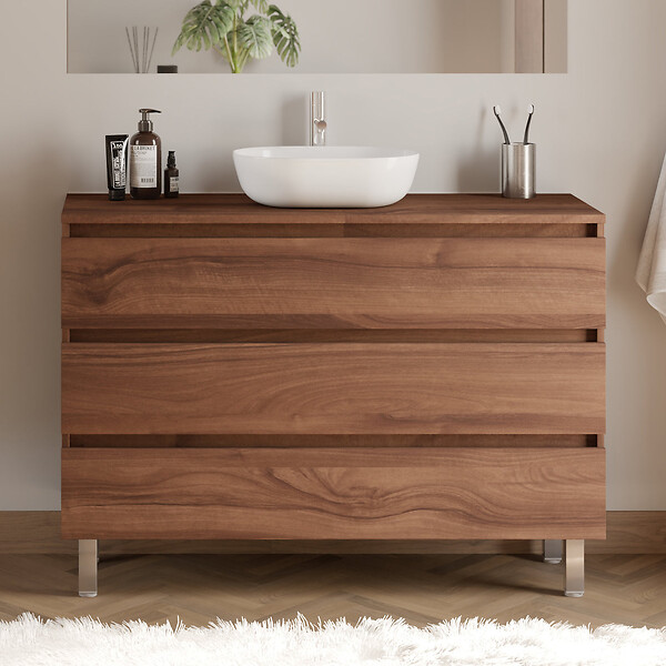 COSYNEO - Meuble de salle de bain 120cm avec plateau et vasque à poser arrondie - 3 tiroirs - noyer (bois foncé) - MAYOR - large