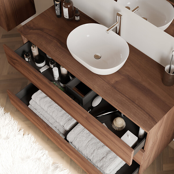 COSYNEO - Meuble de salle de bain 120cm avec plateau et vasque à poser arrondie - 3 tiroirs - noyer (bois foncé) - MAYOR - large
